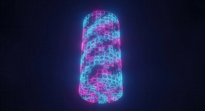 Glowing geometric cylinder pulses with cyan and magenta light against a dark background