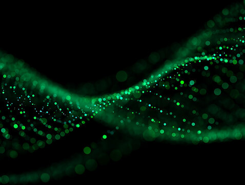 Abstract glowing green digital wave of particles on a dark background