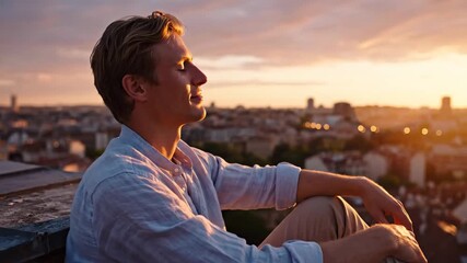 Young man sits peacefully on rooftop enjoying city view during golden hour
