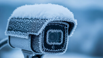 Close-up of frosty security camera – symbol of persistence through cold