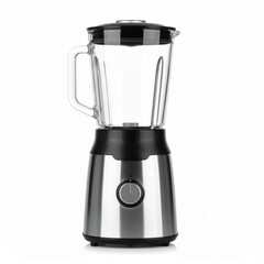 A silver and black electric blender on a clean white counter, with a glass of water nearby against a bright background.