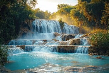 Multi-tiered waterfall cascading into turquoise blue pool surrounded by lush green trees and gentle mist in warm sunlight