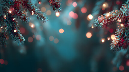 Christmas tree branches with fairy lights and blue bokeh background