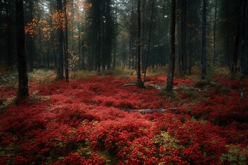 Misty forest floor covered with dense clusters of bright red berries under tall trees with sparse orange leaves creating a mystical atmosphere