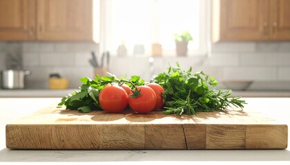 Ripe red tomatoes and fresh cilantro rest on a rustic wooden counter, sharply focused against a bright, softly blurred kitchen.
