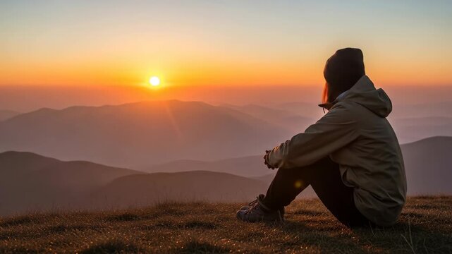 Person enjoying a serene sunset view over mountain ranges in tranquility