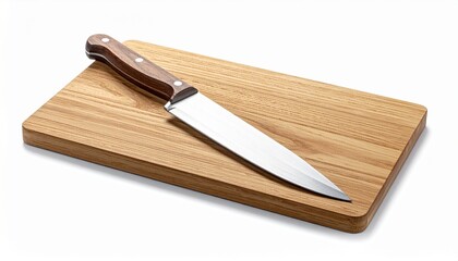 A large chef's knife with a brown handle resting on a wooden cutting board, cropped to emphasize the blade and wood grain.