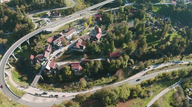 A drone view of the charming and picturesque village Rastoke in Croatia, called Small Plitvice, famous for its numerous waterfalls and cascades, as well as mills.