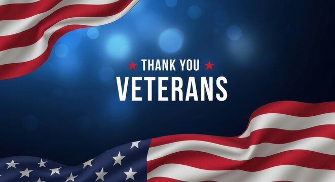 Thank you veterans message with waving american flag border and blue bokeh background for veterans day or memorial day celebration concept - Powered by Adobe