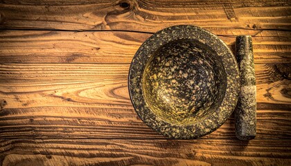 A stone mortar and pestle sits on a rustic, dark wooden counter, emphasizing natural, rough textures.