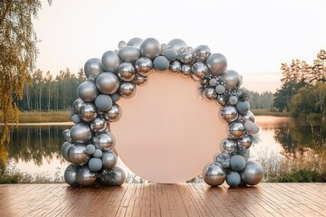 Large circular backdrop with silver and chrome balloons arranged as an arch on a wooden deck overlooking a calm lake during golden hour