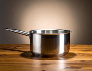 A small, shiny stainless steel saucepan with a long handle, set against a warm, gradient background under studio light.