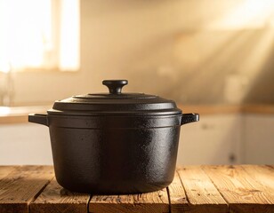 A deep, black cast iron Dutch oven or cooking pot with a lid, sitting on a natural wood surface with warm, bright backlighting.