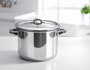 A large, shiny stainless steel pot with a domed metal lid and robust handles, positioned centrally in bright studio lighting.