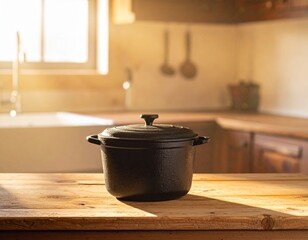A small, dark cast iron cooking pot with a lid resting on a wooden surface. Warm, golden sunlight shines from a background window.