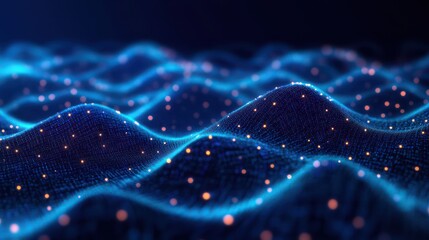 Abstract digital waveforms glowing with blue grid lines and scattered warm light particles creating a futuristic and dynamic landscape