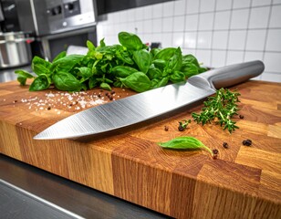 Fresh green herbs and a large kitchen knife resting on a wooden cutting board in a bright culinary workspace.