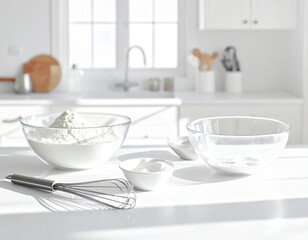 Transparent glass mixing bowls reflecting natural sunlight on a clean white kitchen counter, creating a fresh and minimalist look.