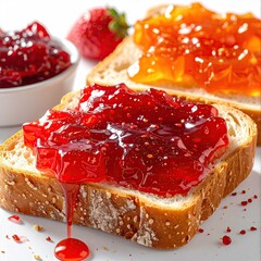 Two slices of bread topped with strawberry and orange jams
