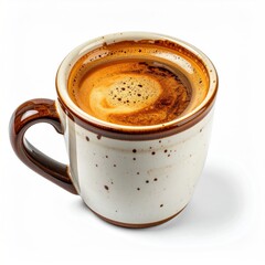 Espresso in a speckled ceramic mug.  A full shot of a rich, dark espresso in a small, round mug with a speckled, cream-colored exterior and a brown rim.  A handle extends from the top