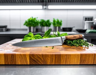A sharp kitchen knife slicing fresh green herbs on a wooden cutting board in a bright modern kitchen.