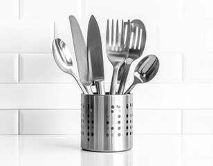 A polished stainless steel utensil holder filled with kitchen tools, standing on a clean countertop in a modern bright kitchen.