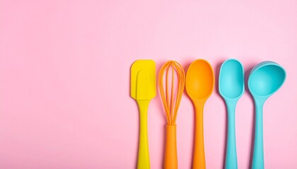 A bright arrangement of colorful silicone spatulas and whisks against a pink background, giving a cheerful kitchen vibe.