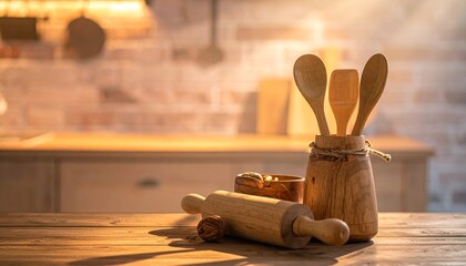 A set of wooden kitchen utensils placed on a warm countertop, creating a cozy and rustic cooking atmosphere in a softly lit kitchen.