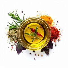 Aromatic culinary ingredients arranged in a circular composition.  A small glass bowl filled with olive oil, surrounded by various herbs and spices