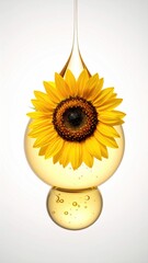 A single, golden sunflower oil drop, showcasing a vibrant sunflower in its center, hangs against a plain white background.  The drop's surface is smooth, reflecting light, and displays subtle bubbles