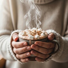 Cozy hands holding warm cocoa in winter light