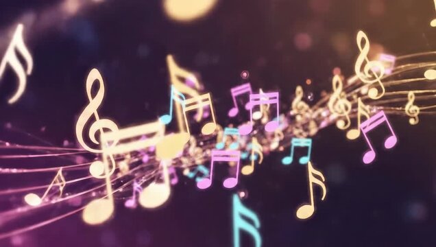 Abstract Musical Notes Flowing Through Light Streaks And Bokeh Particles In Dark Purple Tones