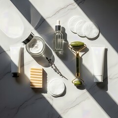 Minimal skincare flat lay on marble