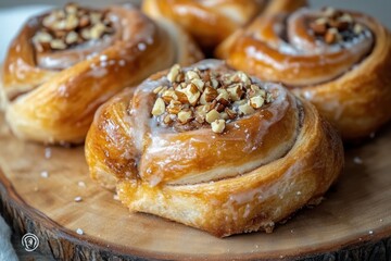 Close-up of freshly baked cinnamon rolls topped with icing glaze and chopped nuts on a rustic wooden serving board