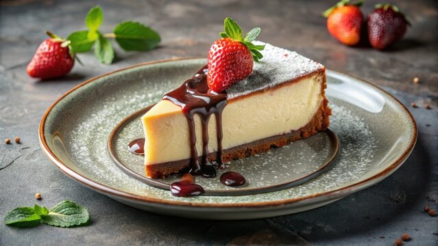 A delectable slice of creamy cheesecake, adorned with a luscious chocolate sauce and a vibrant strawberry, rests on an elegant plate, promising a delightful sweet treat.