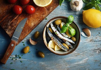 Bowl of grilled sardines with green olives, lemon slices and fresh basil on a rustic blue wooden table with garlic, cherry tomatoes and a knife on a cutting board