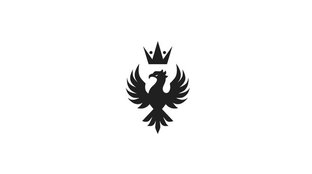 Regal black bird silhouette with spread wings and elegant crown icon. Majestic phoenix or eagle emblem design on white background.