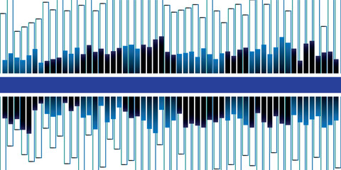 Abstract symmetrical graphic of a digital sound wave or data visualization with blue and black vertical bars.