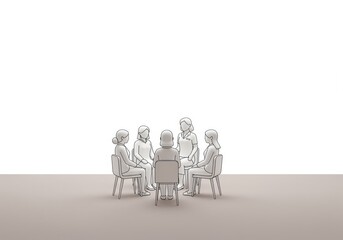 Minimalist line art of five people in a circle for group discussion