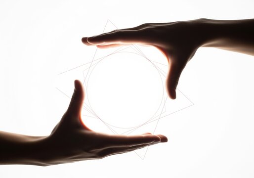 Minimalist silhouette of hands framing abstract geometric shapes