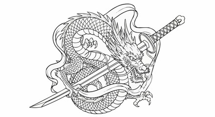 Dragon and Sword - A Detailed Line Art Illustration.