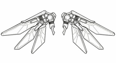 Detailed line art illustration of futuristic mechanical wings.