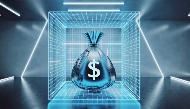 Digital Vault of Finance: A futuristic depiction of a money bag encased within a glowing digital vault, symbolizing financial security and wealth.