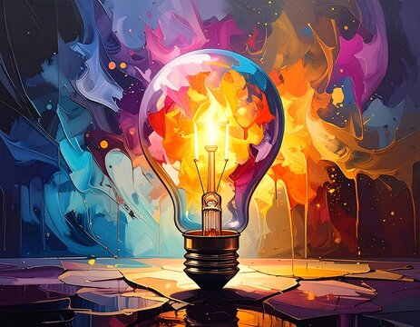 A vibrant, colorful digital art piece depicts a light bulb filled with a burst of fiery color and a painterly background - Powered by Adobe