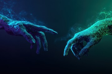 Two digital hands reaching towards each other, illuminated by soft blue and green lighting, against a sleek metallic background, conveying trust and collaboration