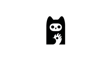 Fototapeta premium Minimalist black and white stylized owl creature with a human hand integrated, symbolizing connection, nature, and wisdom. Vector graphic design icon.