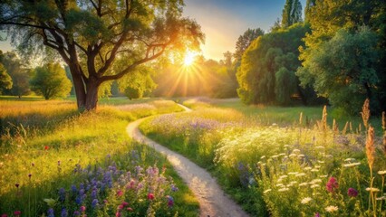 Naklejka premium Golden Hour Path Through a Vibrant Wildflower Meadow, Sunbeams Illuminating a Serene Landscape