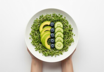 Hands holding a healthy green salad bowl with avocado, blueberries, cucumber, microgreens