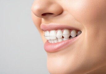 Obraz premium Close up profile of young woman smiling with clear dental braces