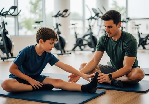 Male coach assisting a preteen boy with stretching exercises in a gym